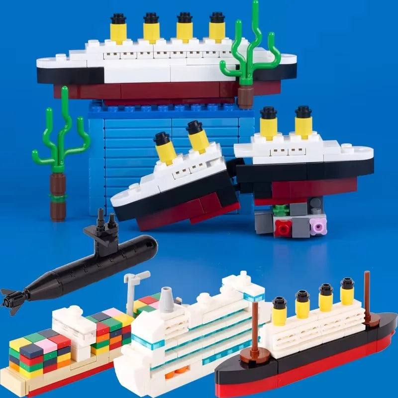 DIY Mini Model Bricks Cruise Ship Cargo Ship Submarine Building Blocks Sea Vessel Titanic Boat Scene Matching Kids Children Toys