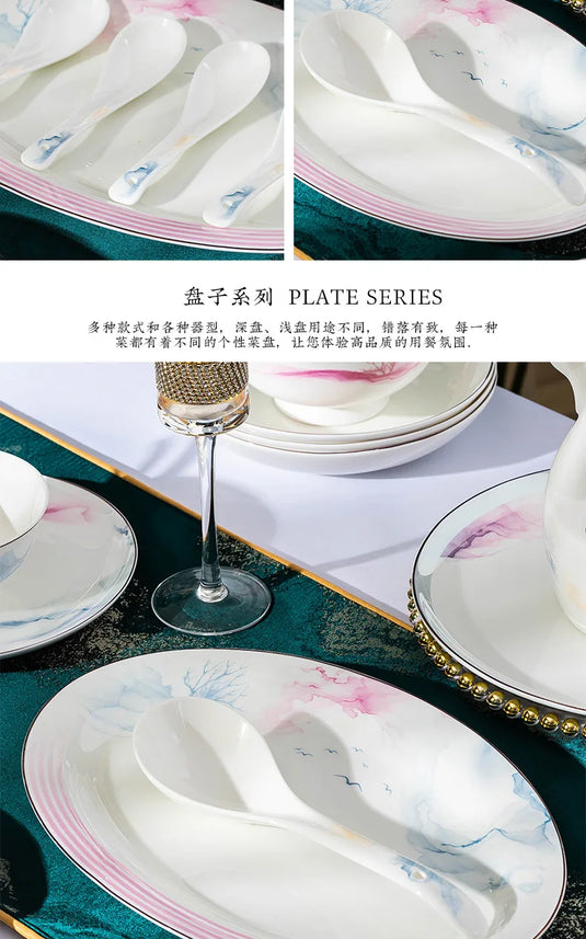 Jingdezhen Ceramic Bowl and Dish Set, Bone Porcelain Bowl and Chopstick Household Tableware Set