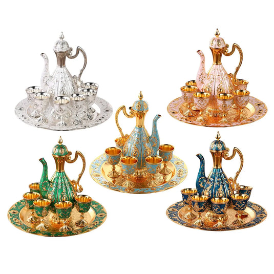 Luxurious Vintage Style Turkish Coffee Pot Set with Embossed Teapot, 6 Coffee Cups, and Elegant Zinc Alloy Storage Tray - Perfect for Home Decor, Wedding Gift, and European Style Drinkware