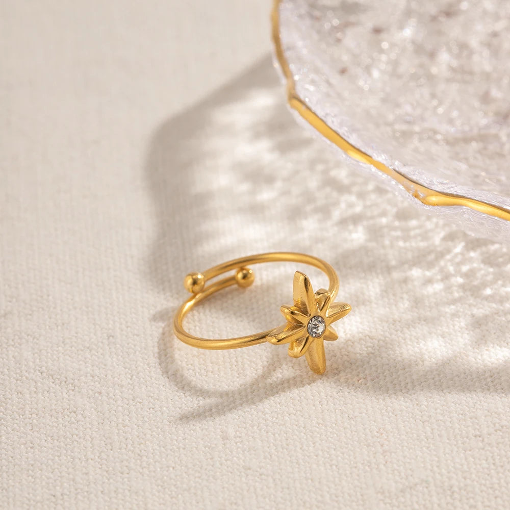 Ny Vintage Octagram Design Sommer 18K guldbelagte smykker Justerbar Rustfrit Stål Vandtæt Ring Til Damer Smykker Gave