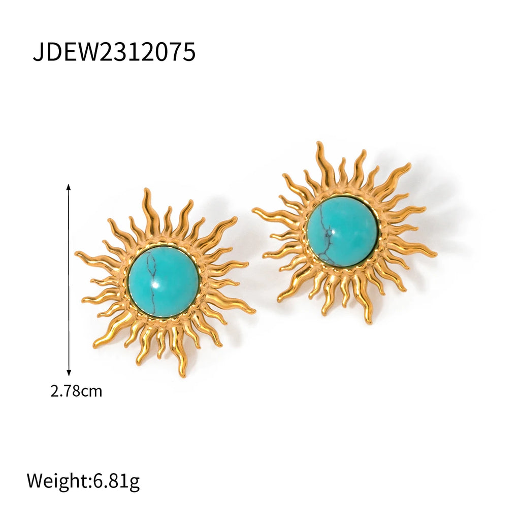 18k Gold Plated Stainless Steel Turquoise Inlay Sunflower Shaped Dangle Earrings Stylish Trendy Waterproof Jewelry for Women