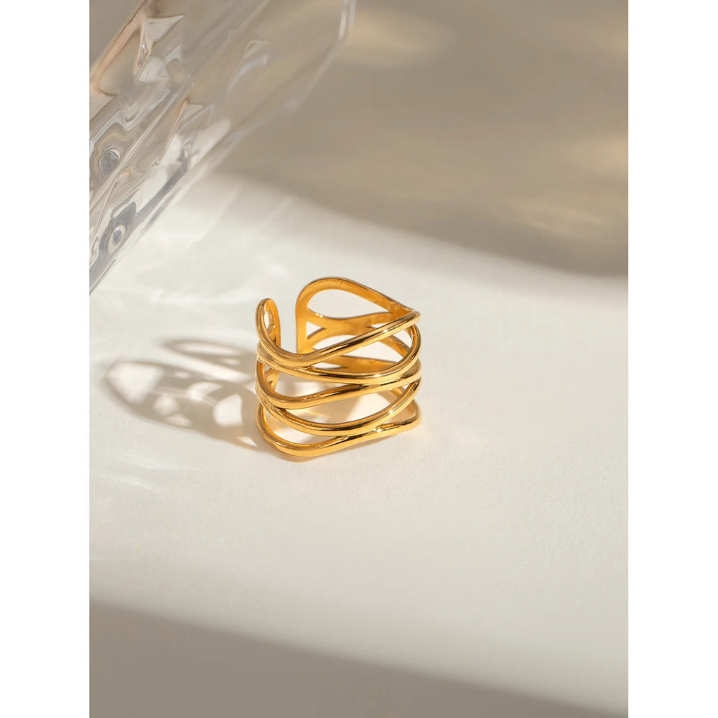 Mode Rustfrit Stål Flerlags Linjer Hul Åben Ring Rustfast 18K PVD-belagt metal Populære smykker Kvinder Bijoux