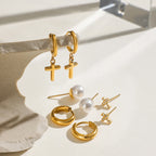 4 Paare pro Karte Edelstahl Kreuz weiße Strass Perlen Ohrringe Damen 18K PVD-beschichtet Allergikerfreundlich Rostfrei Schmuck