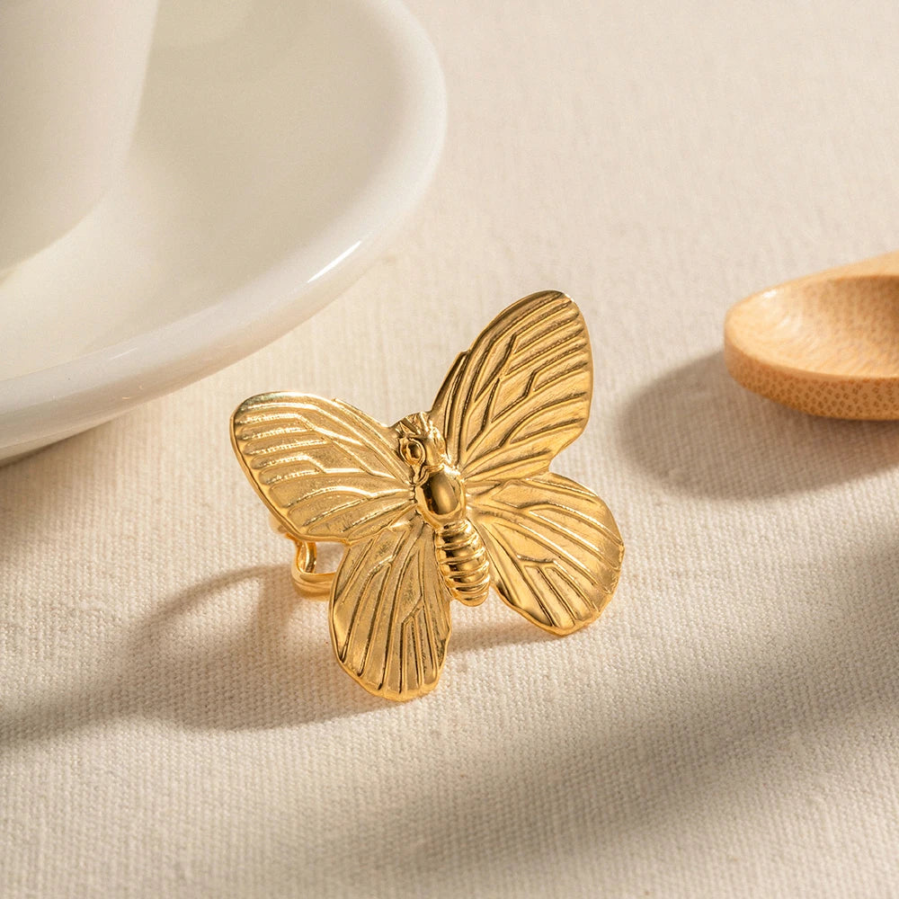 Exaggerated Stainless Steel Butterfly Open Ring For Women Vintage Creative Butterfly Adjustable Jewelry Gift Femme Bijoux - Grand Goldman