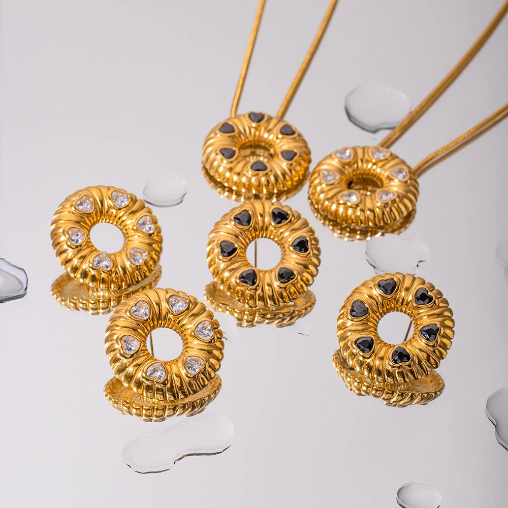 Rustfrit stål minimalistisk metal 18K guld PVD belagt brød O-formede øreringe/halskæde indlæg Love Heart Zircon Vandtætte smykker