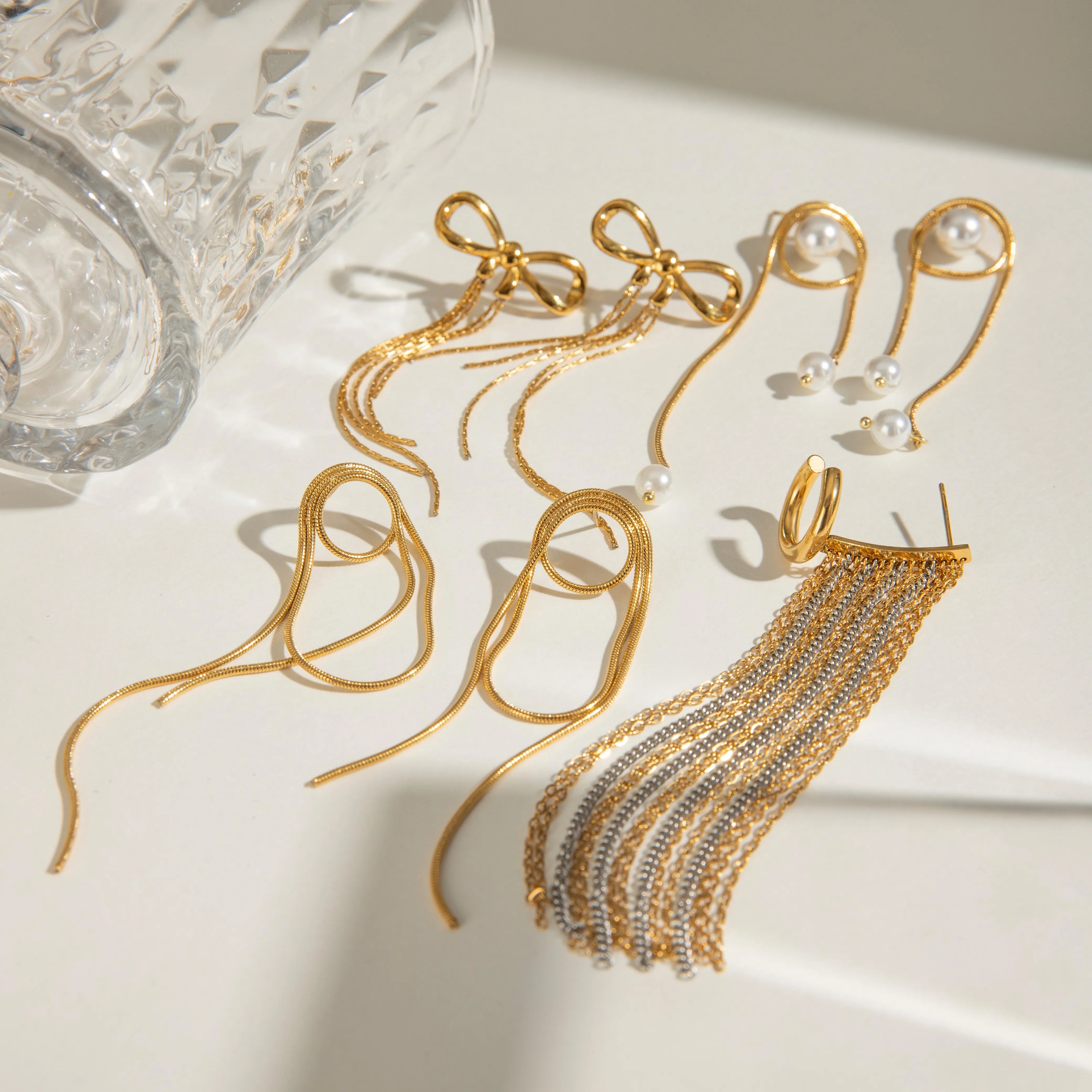 Minimalist 18k Gold Plated Smooth Steel Bowknot Tassel Earrings Ring Stainless Steel Women Rust Proof Exquisite Jewelry Bijoux