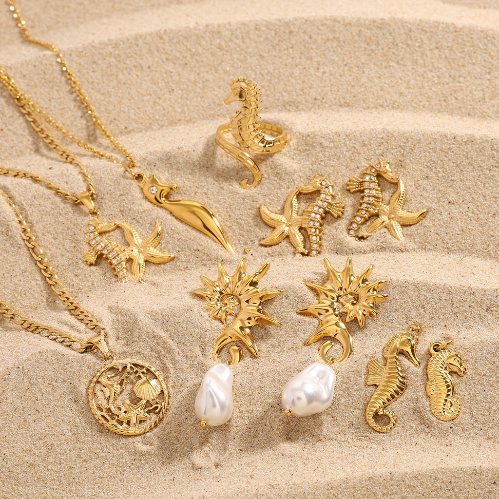 Trendy 18k Stainless Steel Seahorse Shape Ring Necklace Earrings Women Statement Charm Texture Rust Proof Trendy Jewelry Gift