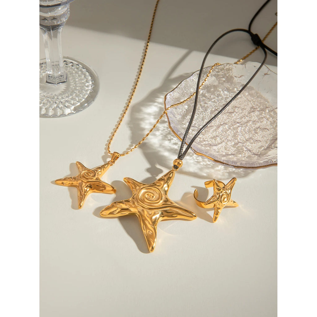 Summer Beach 18k Gold Plated Stainless Steel Vintage Threaded Starfish Necklace Earrings Open Ring Set Women Charm Jewelry Gift