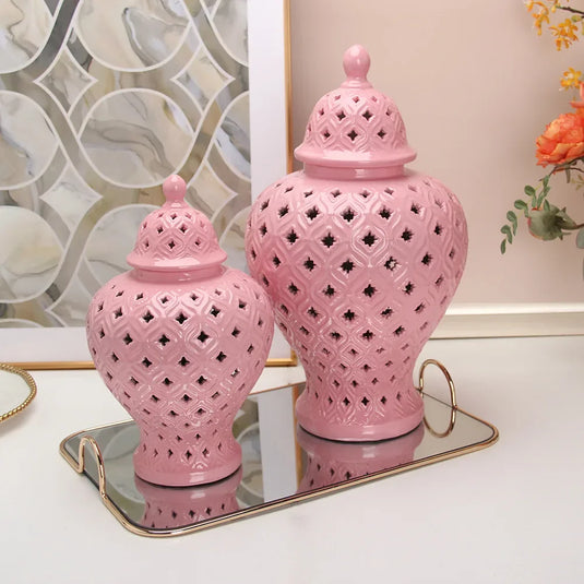 Pink Hollow General Jar Ceramic Ginger Jar Vase Candy Storage Jar Art Decorative Tank Flower Arrangement Home Craft Decoration