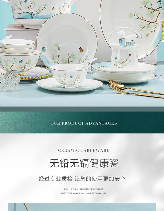 Jingdezhen New Chinese Ceramic Bowls, Dishes, Bone Porcelain Tableware, Bowls, Chopsticks Set, Household Use