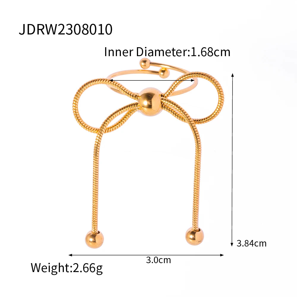 Minimalist Bow Tassel Earrings Open Ring Necklace Combination Jewelry Women Trendy 18K Gold Stainless Steel Daily Wearing