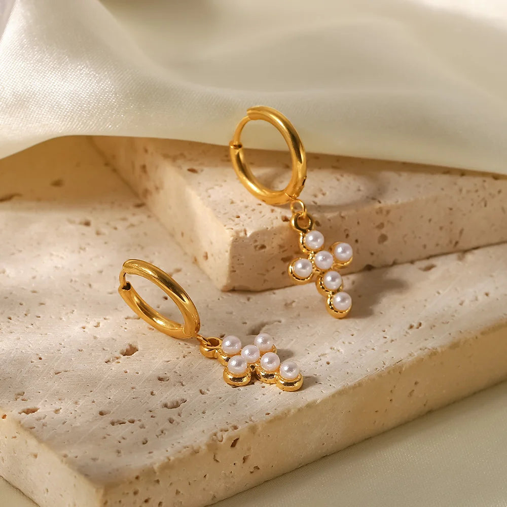 Edelstahl 18k vergoldete minimalistische Perlen-Kreuz-Anhänger Creolen Ohrringe Sommer wasserdicht Femme Gala schick stilvoller Schmuck