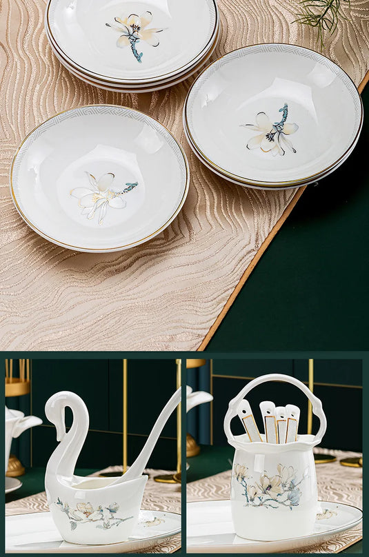 Jingdezhen Chinese style household ceramic bowls, plates, sets, boxes, bone china tableware, bowls, chopsticks, sets, porcelain