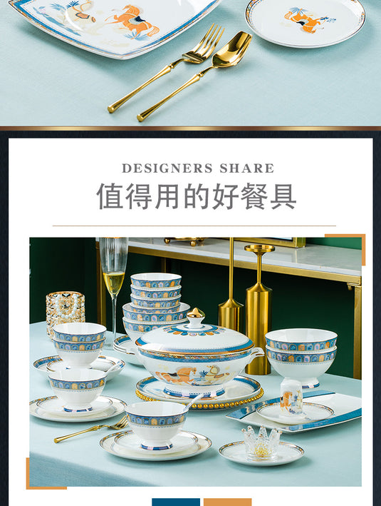 Vaisselle en céramique Jingdezhen, ensemble de bols et d'assiettes, vaisselle en porcelaine d'os de luxe nordique légère avec bordure dorée