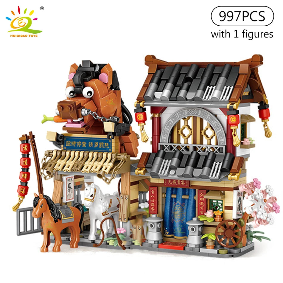 HUIQIBAO City Mini Chinese Street View Grocery Store Meat Shop Building Blocks Japanese Food  Ice Shop Figures Bricks Toys Child