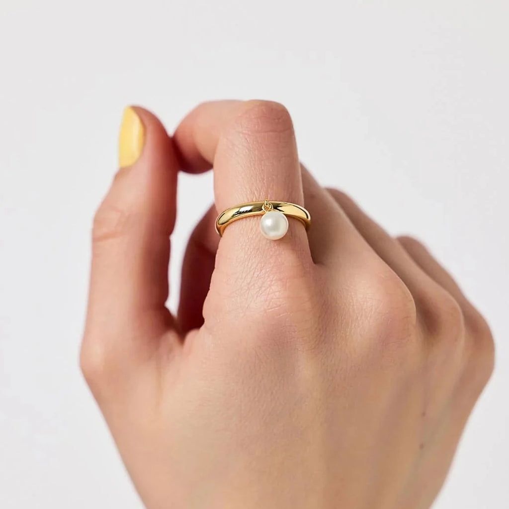 18k Gold Plated Stainless Steel Simple Elegant Freshwater Pearl Smooth Ring Size 7 Women Trendy Charm Chic Jewelry Gala Gift