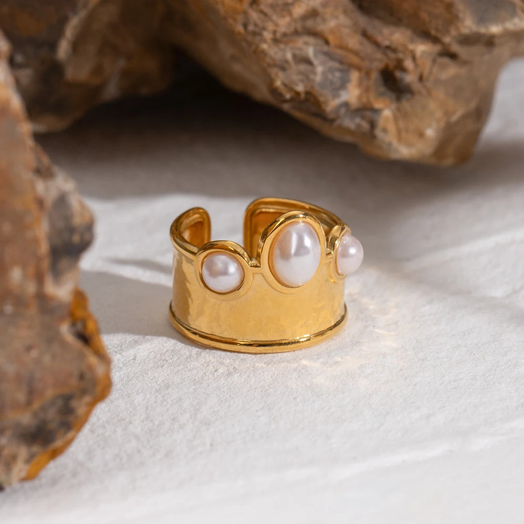 Hamerslagpatroon Schelp Kraal Kroon Open Ring Roestvrij Staal Metaal 18K Goud PVD Geplateerd Voorkomt Allergie Aantrekkelijk Sieraad