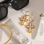 18k Gold Plated Stainless Steel High End Diamond Bead Cross Pendant Earring Prevent Allergy Temperament Fashion Charm Jewelry