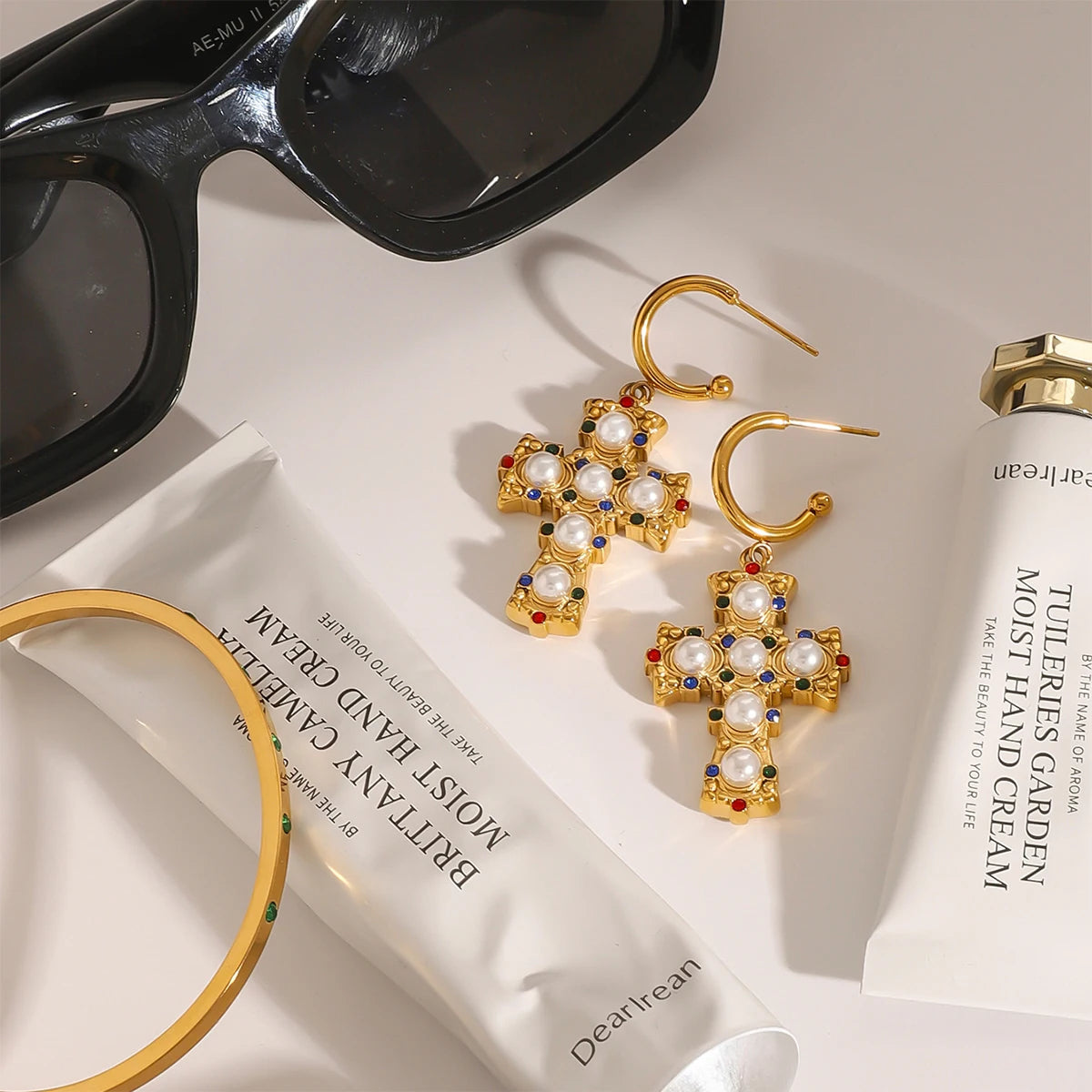 18k Gold Plated Stainless Steel High End Diamond Bead Cross Pendant Earring Prevent Allergy Temperament Fashion Charm Jewelry