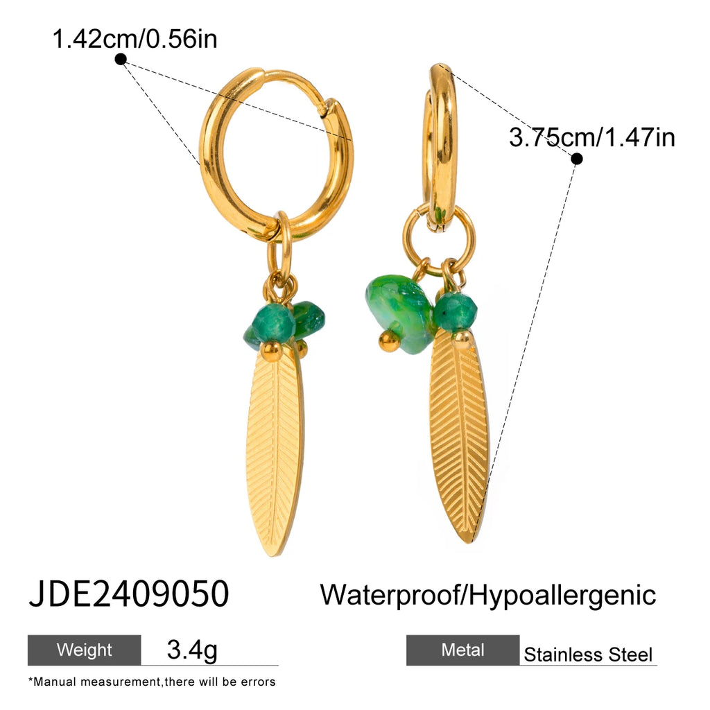 Natural Stone Leaf Feather Buckle Earrings Stainless Steel Metal 18K PVD Gold Plated Women Prevent Allergy Delicate Jewelry