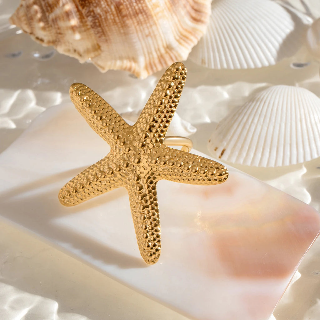 Sea Beach 18K vergoldeter Edelstahl Mode Hammer Korn Seestern Offener Ring Damen Romantische Anhänger Metall Täglicher Schmuck