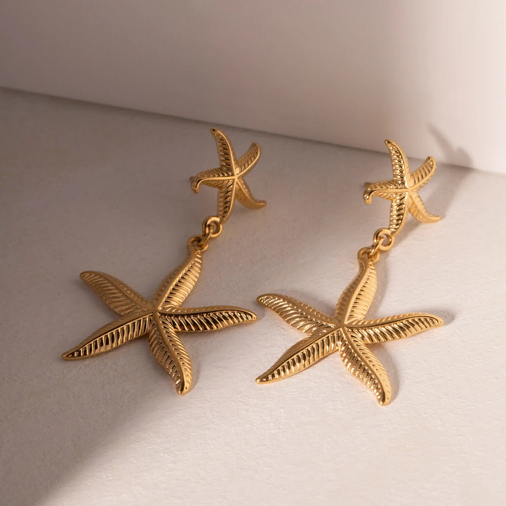 Tarnishproof Stainless Steel Chunky Luxury Starfish Pendants Earrings for Women 18K Gold Plated Thick Ear Minority Jewelry - Grand Goldman