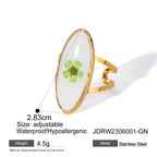 Stainless Steel 18k Gold Plated Vintage Oval Dried Green Preserved Flower Plum Ring Waterproof Fashion Charm Jewelry Party
