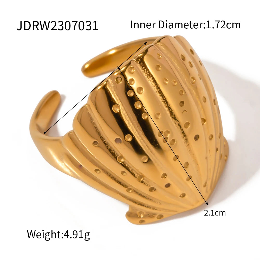 18K vergoldeter Ring Trendiger Edelstahl Muschel Texturierter Großer Anlaufgeschützter Damenmode Geometrischer Metallstruktur Ring