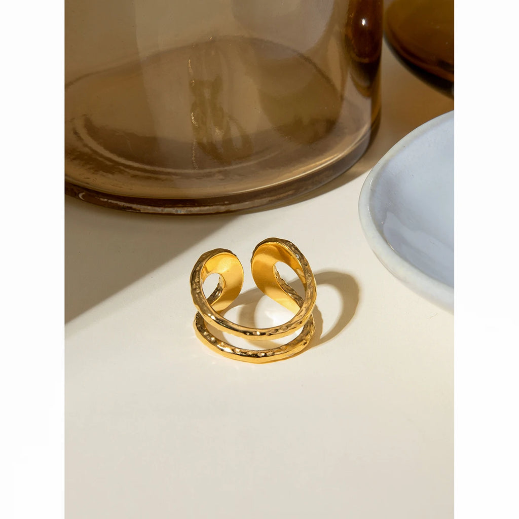 18k guldbelagt stilfuldt unikt enkelt dobbeltlags hammerkorn åben ring rustfrit stål anti-allergene smykker til kvinder