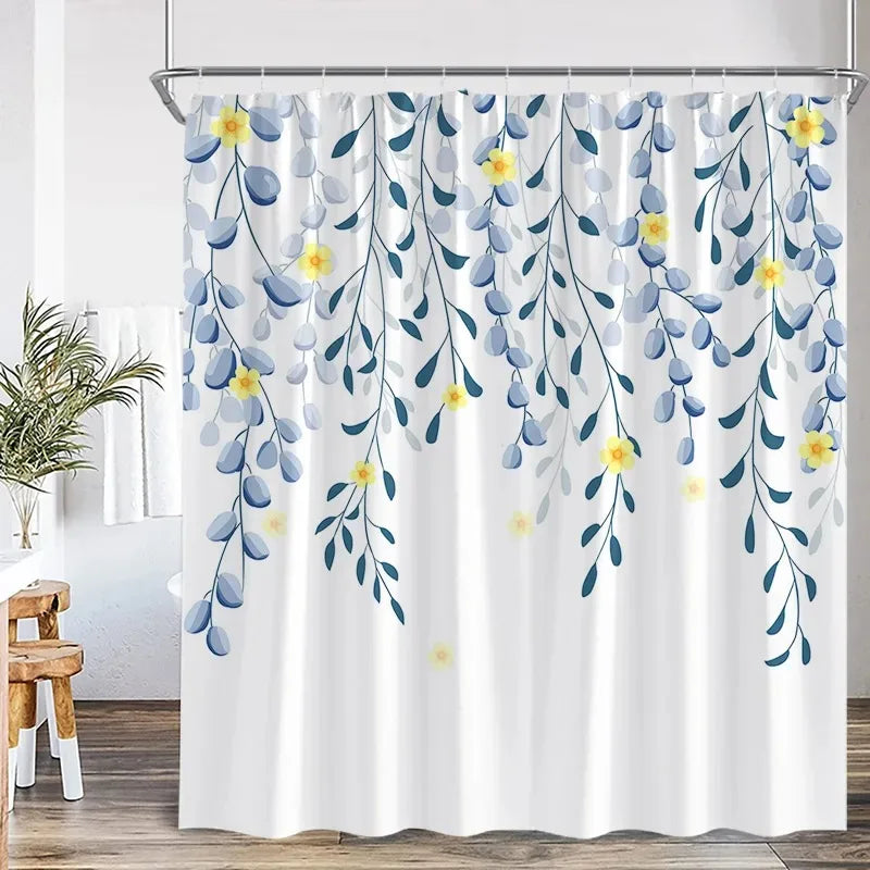 Blue Leaves Shower Curtain Watercolour Plant Eucalyptus Leaf Modern Simple Home Bathroom Decor Fabric Bath Curtains With Hooks