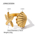 Sea Starfish Shell Series Vintage 18K Gold Plated Open Ring Stud Earrings Stainless Steel Statement Waterproof Jewelry Women