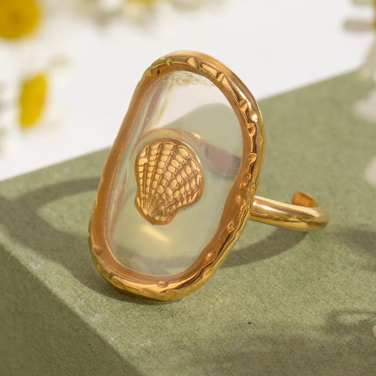 Ovaler 18K vergoldeter Edelstahl-Oval-Muschel-Skallop-Hammer-Offener-Endring für Damen, anti-allergischer Charme, täglicher Schmuck, Bijoux