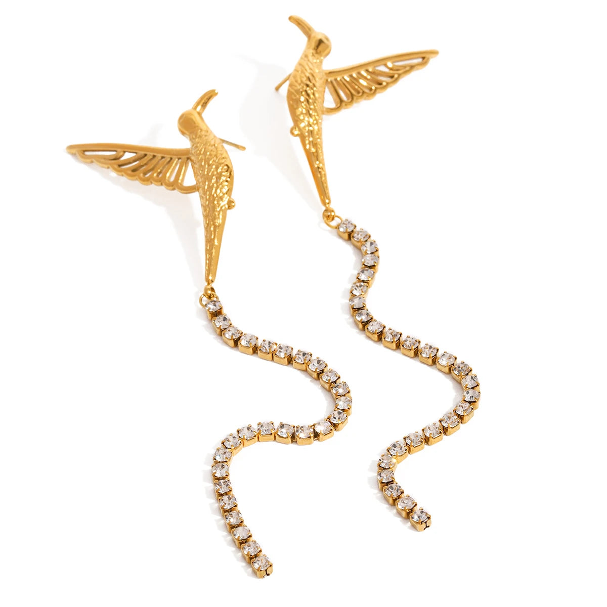 18K vergoldete Edelstahl-Friedens-Taubenflügel Ohrringe mit weißen Strass-Tasseln, Damenanhänger, wasserdichter Schmuck, Gala-Geschenk