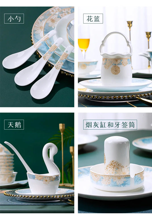 Bols et assiettes de luxe modernes Vaisselle en céramique Jingdezhen, ensemble de bols et d'assiettes à bordure dorée, ménage