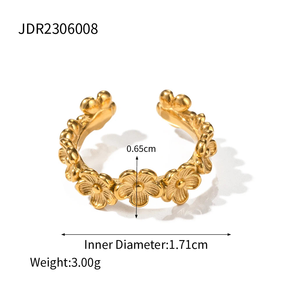 Modischer Edelstahl wasserdichter Blumenserie offener Ring Persönlichkeit Charms 18K PVD Echtgold 18K plattiert trendiger Schmuck