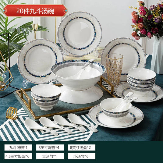 Coffret cadeau de vaisselle en céramique peinte à la main de luxe bleu glacier Jingdezhen Ensemble de bols et de baguettes en porcelaine de Chine chic