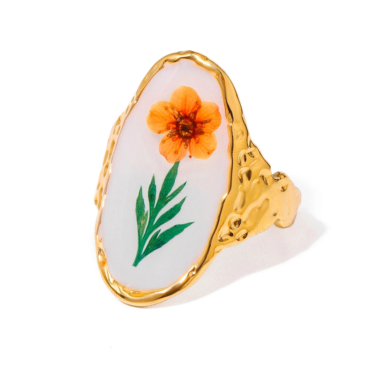 Literarischer Retro Weißer Tropfen Öl Grün Getrocknete Blume Offener Ring 18K Goldbeschichteter Schmuck Edelstahl Damen Wasserdichtes Geschenk