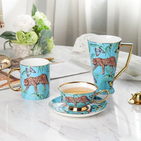 CHEETAH Luxurious Blue Jungle Print Bone China Coffee Set Hand-Painted Panther Design European Style Teapot Cups Saucers Gold Handles Gift Box 200-500ml Capacity Mother Father's Day Birthday Wedding Pack