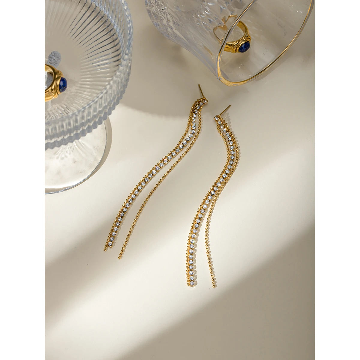 Anti-allergische 18K goud vergulde kwast metalen ketting hangende druppel strass oorbellen roestvrij staal delicaat sieraden voor vrouwen