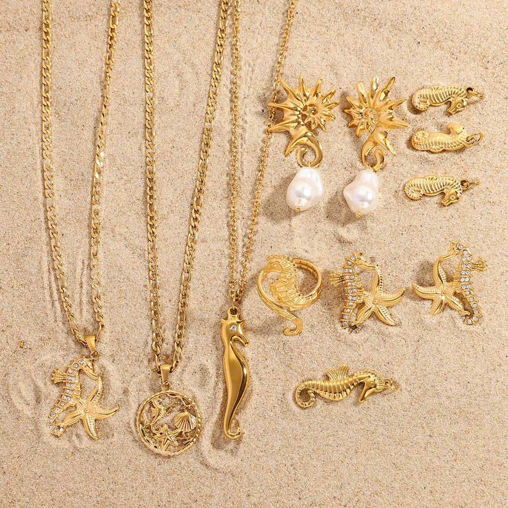 Trendy 18k Stainless Steel Seahorse Shape Ring Necklace Earrings Women Statement Charm Texture Rust Proof Trendy Jewelry Gift