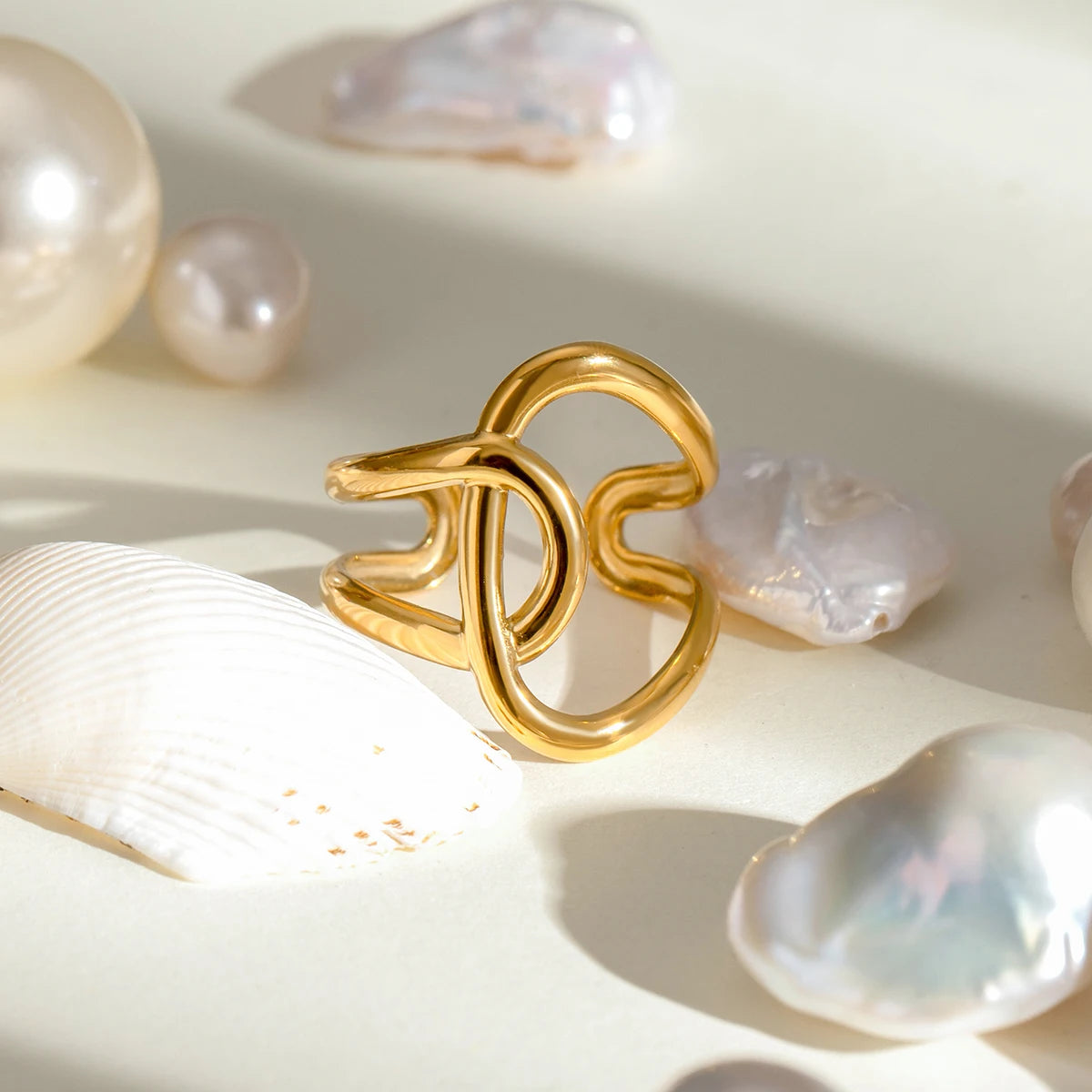 Smooth Irregular Winding Opening Ring Stainless Steel Metal 18K Gold PVD Plated Women Prevent Allergy Attractive Jewelry