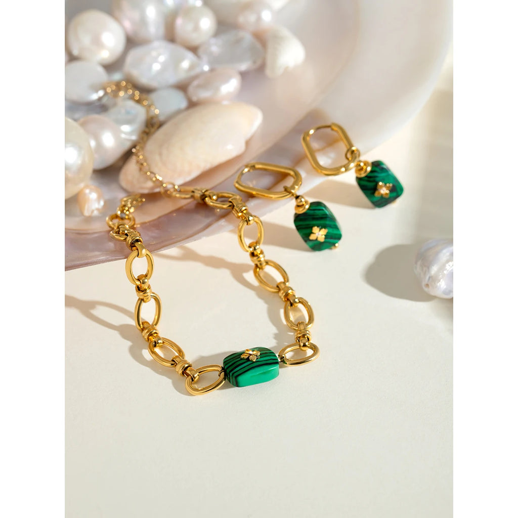 Malachit Anhänger Ohrringe Armband Edelstahl Metall 18K Gold PVD-beschichtet Damen Allergievorbeugend Attraktiver Schmuck