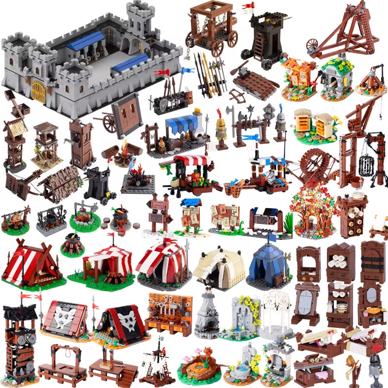 Medieval Military Tower Building Block Rome Knight Castle Siege Vehicle Hammer Boat Tent Flag Sword Weapons Bricks Toys Kid Gift
