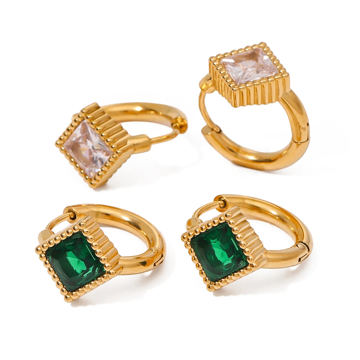 Pendientes de botón cuadrados acanalados de circonia blanca de acero inoxidable 18K Accesorios para mujeres Antialérgicos Joyería de declaración Accesorios