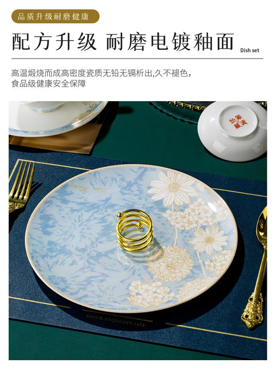 Bols et assiettes de luxe modernes Vaisselle en céramique Jingdezhen, ensemble de bols et d'assiettes à bordure dorée, ménage