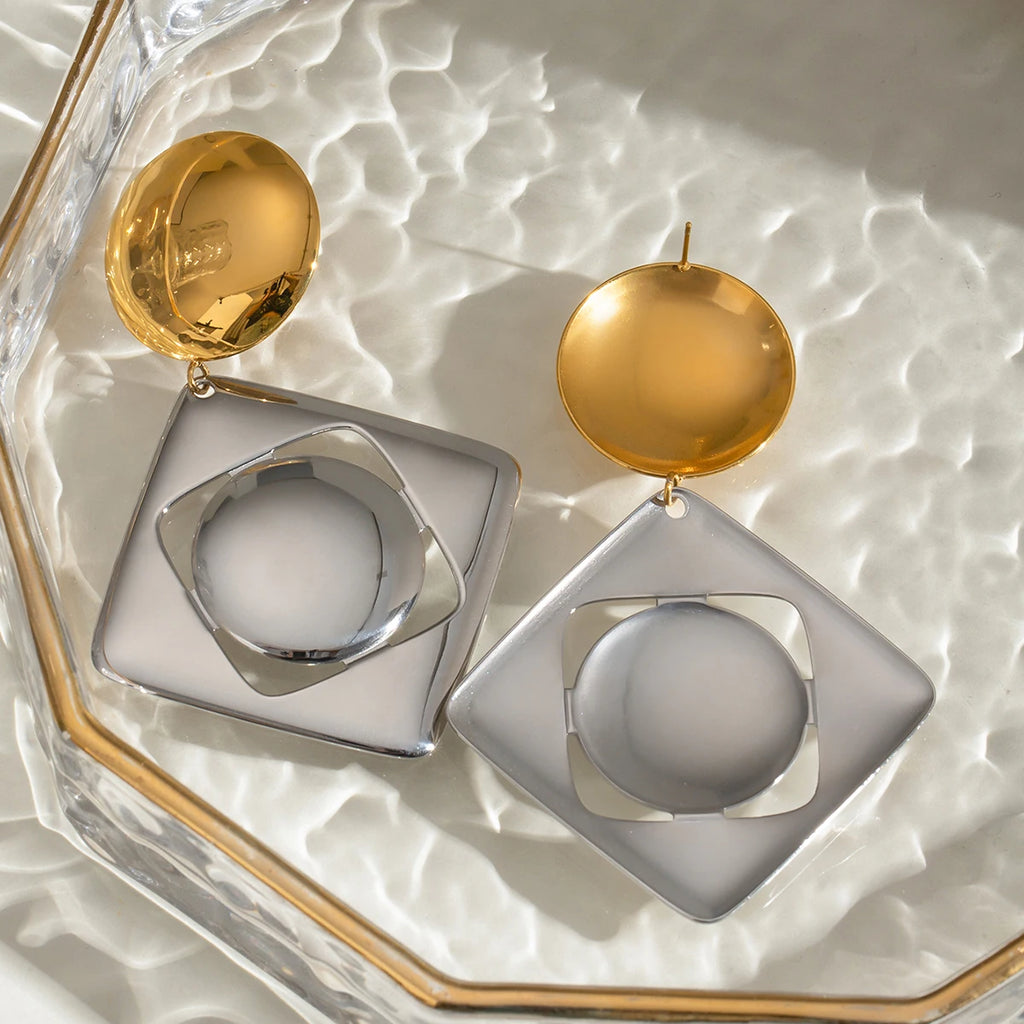 Brincos de Pingente Quadrado Oco de Cor Correspondente Lisa em Aço Inoxidável 18K para Mulheres, À Prova de Ferrugem, Joias da Moda, Bijuterias para Gala, Presente