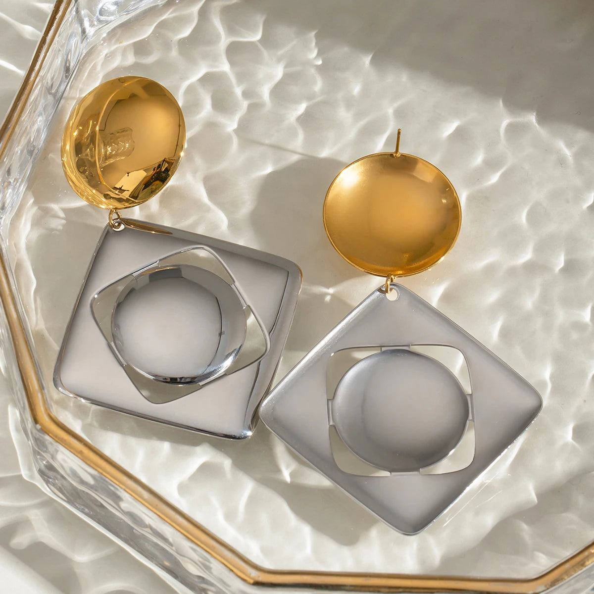 Brincos de Pingente Quadrado Oco de Cor Correspondente Lisa em Aço Inoxidável 18K para Mulheres, À Prova de Ferrugem, Joias da Moda, Bijuterias para Gala, Presente