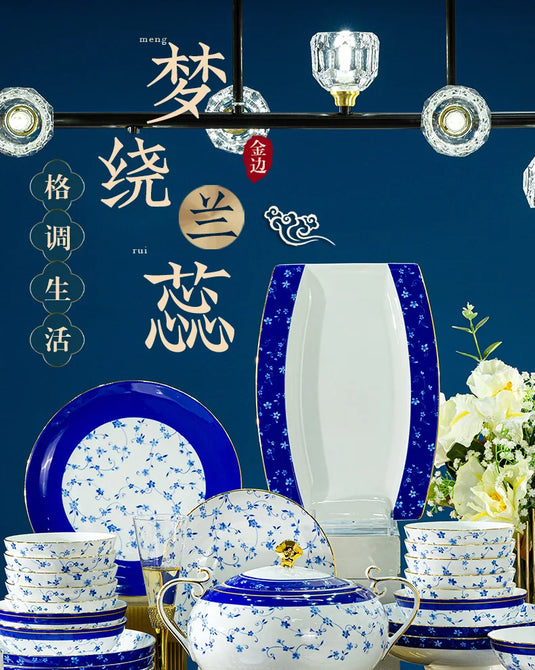 Jingdezhen ceramic tableware, bowl and plate combination set, bone china tableware for household use