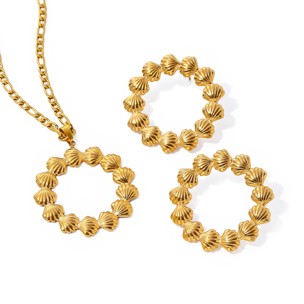 مجموعه گردنبند و گوشواره مینیمالیستی با روکش PVD طلای 18 عیار، سبک، راحت، از جنس استیل ضدزنگ به شکل صدف گرد، جواهرات زنانه مد روز و باکیفیت