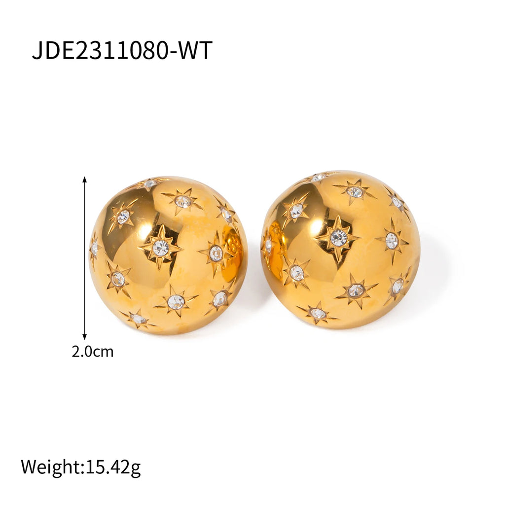 18k Gold Plated Delicate Stainless Steel Star Hemisphere Earrings Inlay Rhinestone Light Cozy Rust Proof Bijoux Femme Gala Gift - Grand Goldman